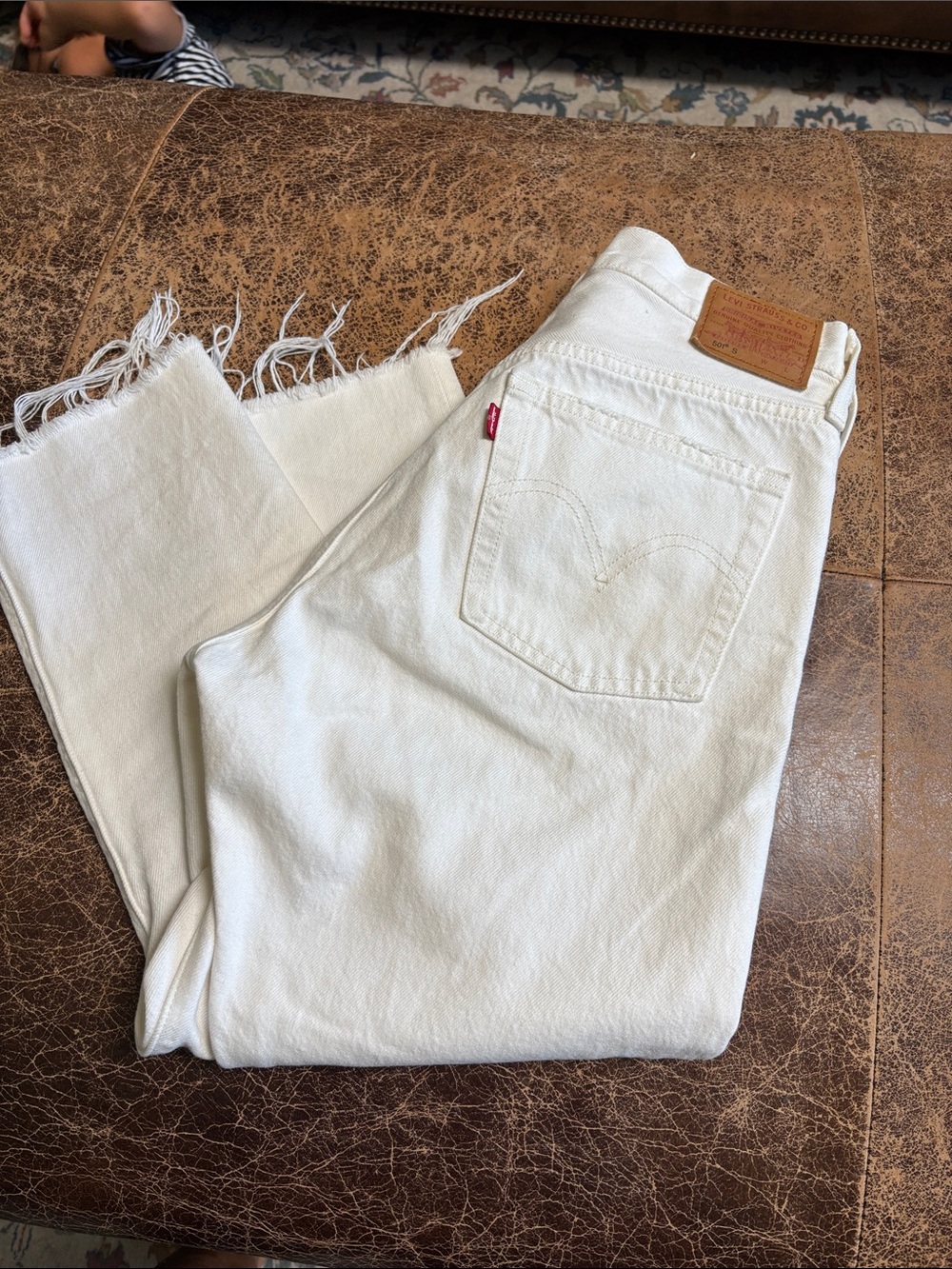 Levi's Cream Frayed Hem Straight Jeans